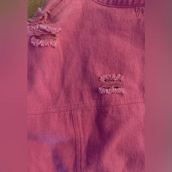 Womens Pink Denim Jacket Distressed Cropped Button Front Size L - Picture 6 of 9